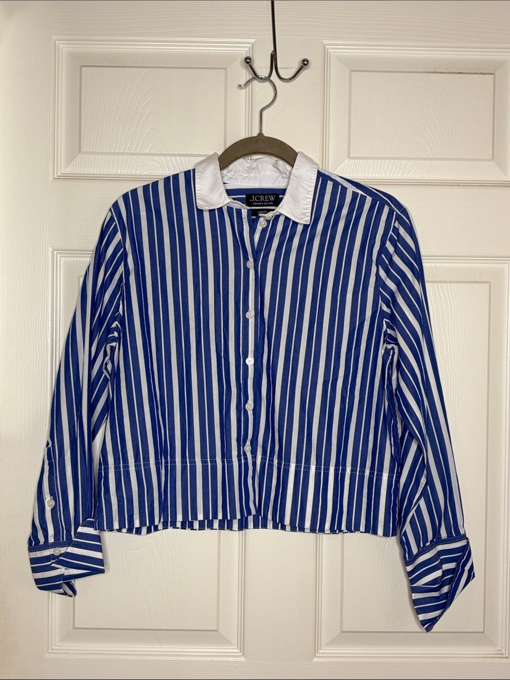 J. Crew Organic Cotton Cropped Garcon Shirt blue and white striped size 6
